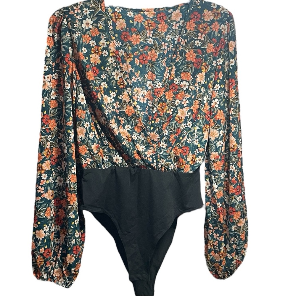 Floral Shein Surplice Long Sleeve Bodysuit